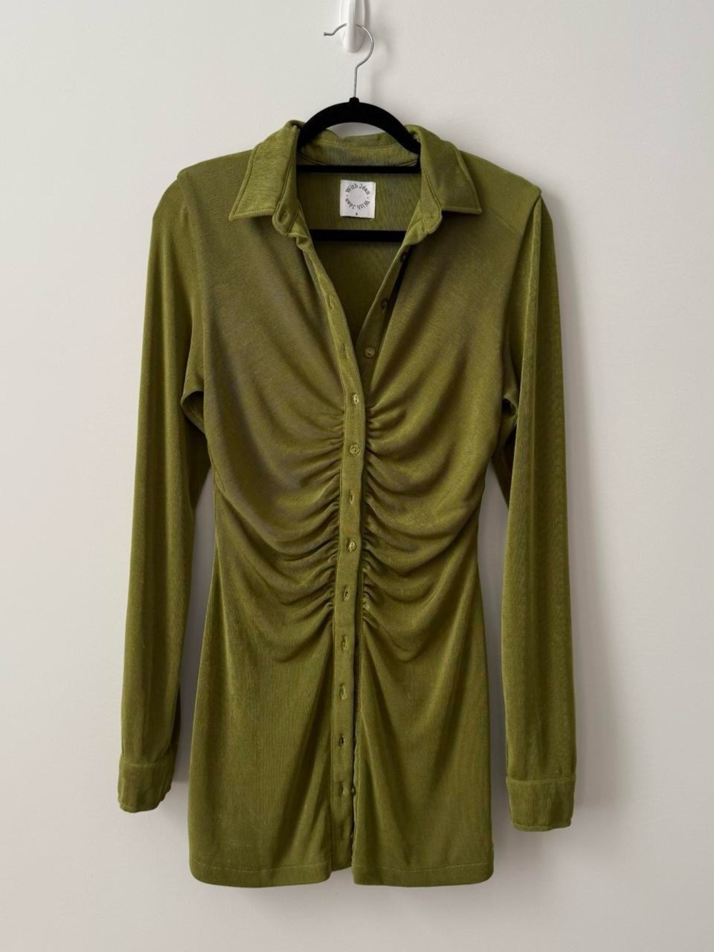 With Jean Olive Green Ruched Button-Down Dress